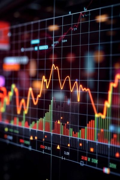 A computer screen showing a colourful graph depicting the rise and fall of stocks and shares