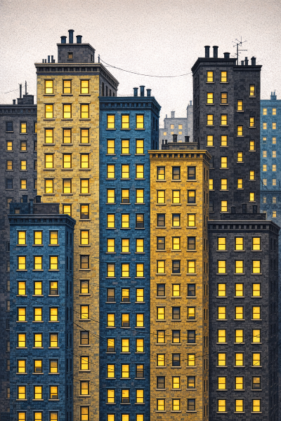 An illustration of colourful tenement buildings