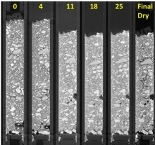 XCT image of 6mm diameter limestone dust column after exposure to pH 3 groundwater for 25 days, then dried XCT image of 6mm diameter limestone dust column after exposure to pH 3 groundwater for 25 days, then dried
