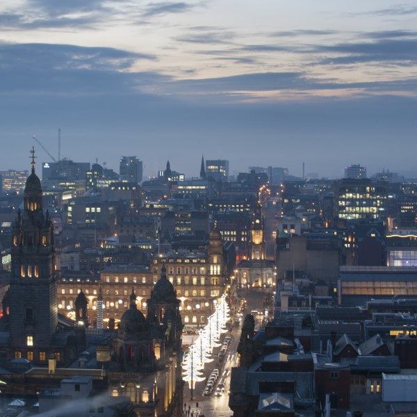 Aerial view of Glasgow in the evening showing George Street and part of George Square