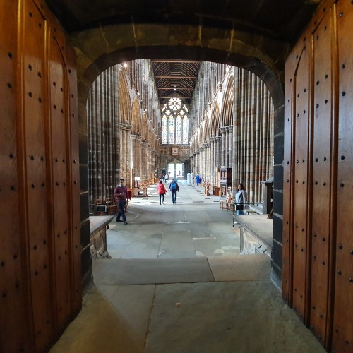 Interior of Glasgow Cathedral showing building detail including stained glass window