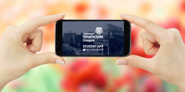 Hands holding up a smartphone in landscape view with Strathclyde logo on phone screen