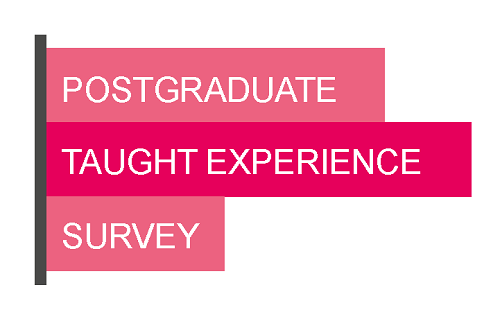 Red and pink bar chart with the text Postgraduate Taught Experience Survey in white text within the bars